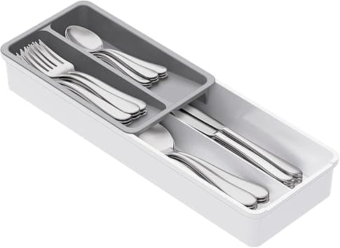 Lifewit Removable Cutlery Tray for Drawers, 42 x 14.5 x 6 cm, 4 Compartments, Compact, Cutlery Tray, Cutlery Drawer, Spoon/Fork/Knife Organizer, White and Grey على Amazon.ae - متتبع الأسعار