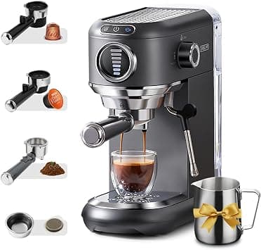 4In1 Espresso Machine with Milk Frother, 19 Bar Coffee Machine Cappuccino Machine with Visual 7 Level Coffee Volume Adjustable For Nes* & DG* Capsule And Powder 1450W Grey - متتبع أسعار Amazon.sa