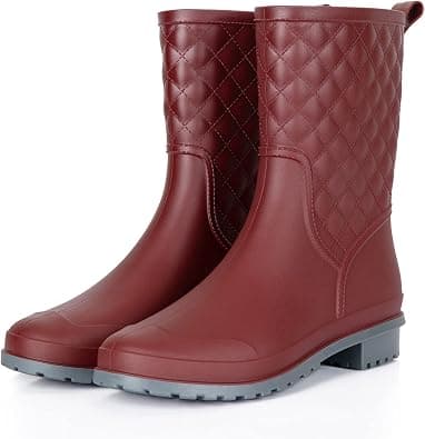 Petrass Women Rain Boots Black Waterproof Mid Calf Lightweight Cute Booties Fashion Out Work Comfortable Garden Shoes على Amazon.ae - متتبع الأسعار
