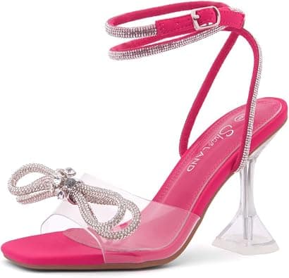 Shoe Land Womens SL-NAOMI Clear Heeled Sandals with Double Bowknots Open Toe Stiletto High Heel Dress Party Wedding Crystal Shoes على Amazon.ae - متتبع الأسعار
