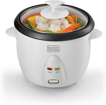 BLACK+DECKER Rice Cooker, 400W, 1L Capacity, Removable Nonstick Bowl, Steaming Tray, Glass Lid, Cool-Touch Design, Auto Warm Function, Water Level Indicator, Quick Meals, 220-240V, White - RC1050-B5 on Amazon.ae - Price Tracker