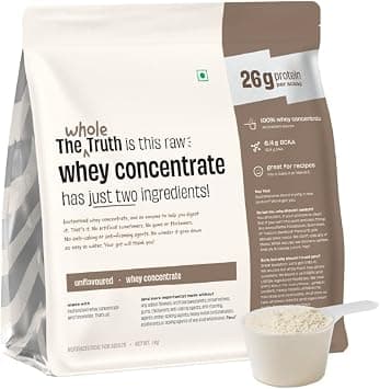 The Whole Truth Whey Protein Concentrate Unflavoured |1 kg (2.2 lbs) | 26g Protein per scoop | 6.4g BCAA | 100% Authentic Whey & No Adulteration | Clean and Light | Muscle Building | Vegetarian on Amazon.ae - Price Tracker