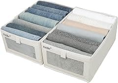 Wardrobe Clothes Organizer, 7 Grids Foldable Drawer Closet Organizers with Mesh Window and Handle, Storage Box for Clothing, Jeans, Bras, Leggings, Sweaters, (2 Pack, Beige) - متتبع أسعار Amazon.sa