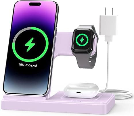 Wireless Charger Stand Charging Station: 3 in 1 Charger Multiple Devices for Apple iPhone 16e 16 15 14 Pro Max 13 12 11 for Watch 10 9 8 7 6 5 4 3 2 SE and Ultra & Airpods Series,Light Violet on Amazon.ae - Price Tracker