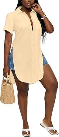 LYANER Women's Collar V Neck Button Down Slit Hem Short Sleeve Blouse Long Shirt Top on Amazon.ae - Price Tracker