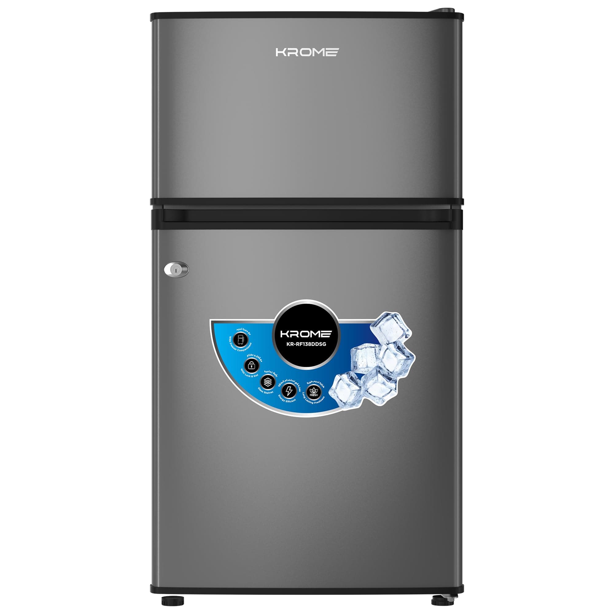 KROME Double Door Refrigerator, 138L Gross / 90L Net Capacity, Direct Cool, Top Mount Freezer, Glass Shelves, Lock & Key, Dark Silver Finish, R600a Refrigerant, KR-RF138DDSG on Amazon.ae - Price Tracker