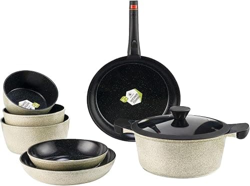 LAGUIOLE, 9 Piece Kitchen Set, Jade Model, Aluminium with Non-Stick Ceramic Coating, Removable Handle, Compatible with All Heat Sources, Stackable, Green, 28 cm on Amazon.ae - Price Tracker