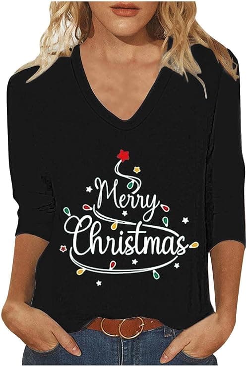 Christmas Tshirts Women Ugly Xmas Jumpers V Neck T Shirt 3/4 Sleeve Tops Xmas Tree Merry Christmas Tops Loose Blouses Sweatshirt Dressy Tunic Top Casual Holiday Party Shirt on Amazon.ae - Price Tracker