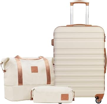 COOLIFE Suitcase Trolley Carry On Hand Cabin Luggage Hard Shell Travel Bag | 4 Spinner Wheels, Suitcase Included 1pcs Travel Bag and 1pcs Toiletry Bag with TSA Lock (White/Brown, 24 Inch Luggage Set) on Amazon.sa - Price Tracker
