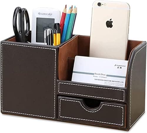 ELECDON Leather Desk Organizer Pen Pencil Holder, Stationery Storage Box, Multi-Function Office Desk Organizer, with Small Drawer for Pen, Phone, Pencil, Remote Control (Brown) على Amazon.ae - متتبع الأسعار