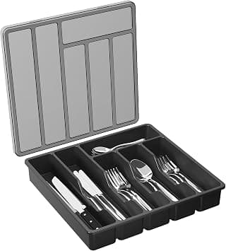 Cutlery Drawer Organiser, Cutlery Storage Box for Kitchen Drawer and Countertop, Plastic Cutlery Drawer Organiser for Spoons Forks Knives Holder Storage Insert, Expandable Cutlery Tray for Kitchen على Amazon.ae - متتبع الأسعار