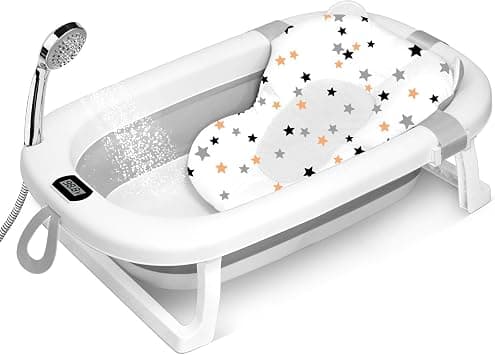 SKY-TOUCH Baby Foldable Bathing Tubs with Soft Bathmat Cushion & Thermometer, NewBorn Babybath Tub with Drain Hole, Non-Slip Support Leg for 0-6 Years Boy Girl (Grey) on Amazon - Best Deal Finder