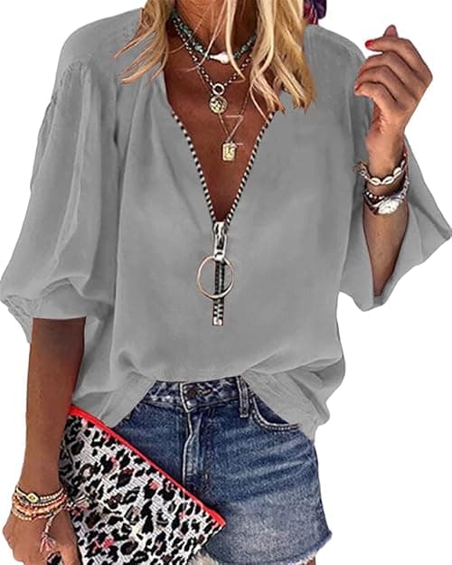 Cnkwei Womens V-Neck Lantern Sleeve Blouse Zipper Design Loose Casual Top Shirts on Amazon.ae - Price Tracker