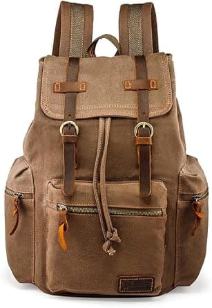 GEARONIC 21L Vintage Canvas Backpack Leather Rucksack Knapsack 15inch Laptop Tote Satchel College Shoulder Hiking Bag on Amazon.ae - Price Tracker