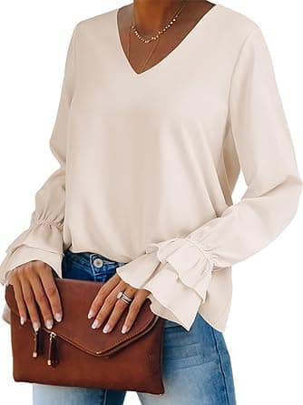 LYANER Women's Casual V Neck Tiered Ruffle Bell Long Sleeve Blouse Shirt Tunic Top on Amazon.ae - Price Tracker
