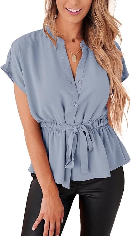 Womens Button Down Blouses Casual Peplum Summer Tops Dressy Chiffon Work Blouse on Amazon.ae - Price Tracker