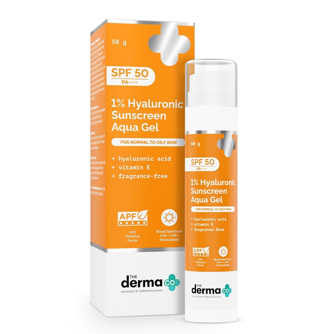 The Derma Co 1% Hyaluronic Aqua Gel Sunscreen SPF 50 PA++++ with Vitamin E, Oil-Free, No White Cast | Broad Spectrum UVA/UVB, Blue Light & Anti-Pollution Protection, Fast-Absorbing & Hydrating, 50g on Amazon.ae - Price Tracker