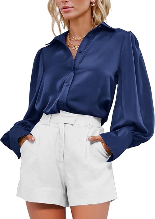 BTFBM Women's Satin Button Down Shirts Summer Fall Lantern Long Sleeve Lapel V Neck Blouse Loose Casual Office Work Tops on Amazon.ae - Price Tracker