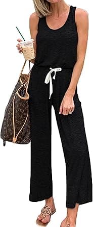 PRETTYGARDEN Women's Casual Sleeveless Solid Jumpsuit Crewneck Drawstring Waist Stretchy Long Pants Romper on Amazon.ae - Price Tracker
