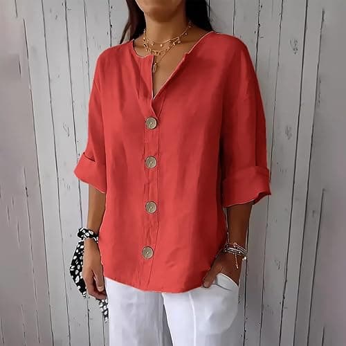 Linen Clothes for Seniors Button Down V Neck 3/4 Sleeve Shirts Casual Loose Fit Cotton Soft Summer Tunic Tops on Amazon.ae - Price Tracker