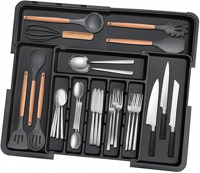 ViBon Cutlery Drawer Organiser, 9-Compartment Expandable Cutlery Drawer Organizer Adjustable 13-22 Inch Width 3-Sided Extension Non-Slip Utensil Tray for Spoons Forks Knives Office, Color: Black على Amazon.ae - متتبع الأسعار