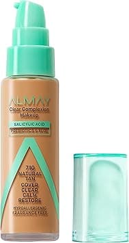 Almay Clear Complexion Acne Foundation Makeup with Salicylic Acid, Medium Coverage, Soft Matte Finish, Hypoallergenic, Cruelty- & Fragrance-Free, Dermatologist Tested, 710 Natural Tan, 1 fl oz on Amazon.ae - Price Tracker