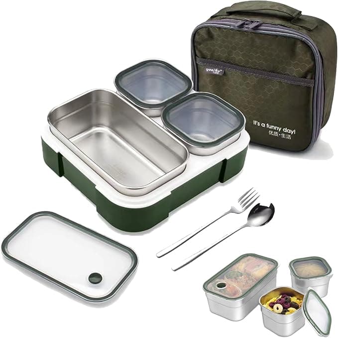 GGEROU Stainless Steel Lunch Box for Kids School,Insulated with Tableware & Bag,720ML 3 Compartment Divided Lunch Containers with Lids,Leakproof | BFA Free | Small size| Dishwasher Safe (Green) on Amazon.ae - Price Tracker