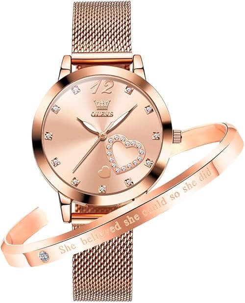 OLEVS Rose Gold Watch for Women Mesh Strap Fashion Dress Hearts Japanese Quartz Waterproof Luminous Ladies Watches Bracelet Sets on Amazon.ae - Price Tracker