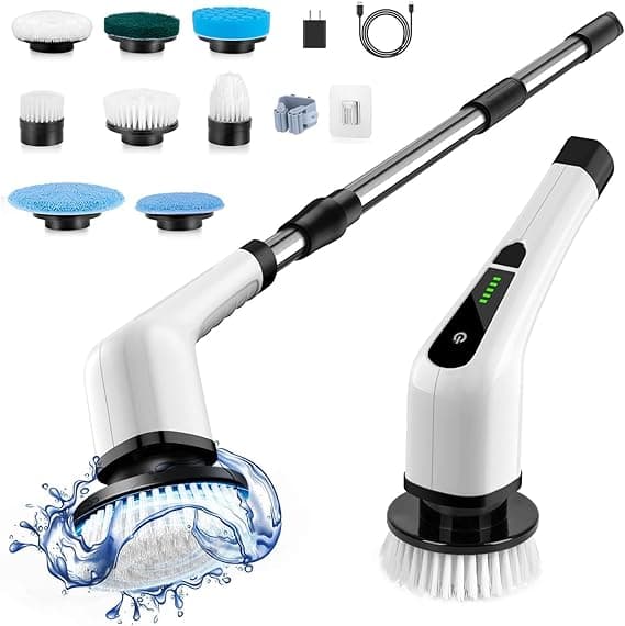 Cordless Electric Spin Scrubber, Electric Cleaning Brush with 8 Replacement Brush Heads, 90Mins Working Time, 3 Adjustable Handle, 2 Adjustable Speeds for Bathroom Kitchen Bathtub Glass Car on Amazon.ae - Price Tracker