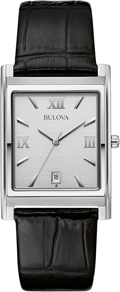 Bulova Men's Stainless Steel 3-Hand Calendar Date Quartz Watch with Black Leather Strap, Rectangle Dial Style: 96B107, Silver, Classic Quartz Silver-Tone Stainless Steel Strap on Amazon - Best Deal Finder