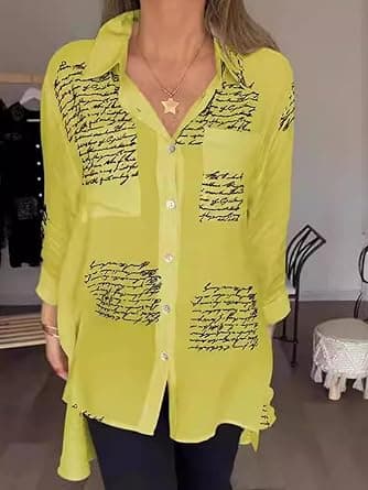 Womens Letter Print Button Down Shirts Casual Loose Swallowtail Blouse Tops on Amazon.ae - Price Tracker