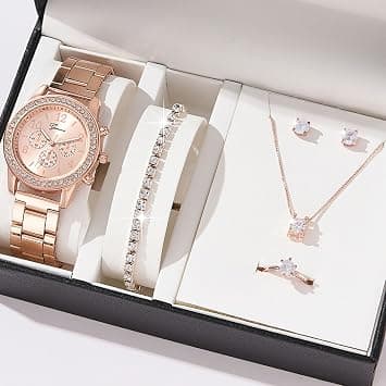YelaJoy Luxury Women Watch Set, 5 Pcs Luxury Fashion Ring, Necklace, Earrings, Rhinestone Wristwatch, Female Casual Ladies Watches Bracelet with Box for Wife Ladies Gift (Rose Gold) on Amazon.sa - Price Tracker