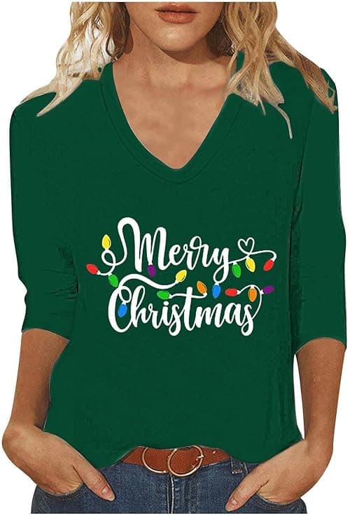 Christmas Tshirts Women Ugly Xmas Jumpers V Neck T Shirt 3/4 Sleeve Tops Xmas Tree Merry Christmas Tops Loose Blouses Sweatshirt Dressy Tunic Top Casual Holiday Party Shirt on Amazon.ae - Price Tracker