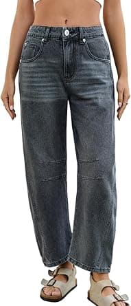 Mid Rise Barrel Jeans for Women Wide Leg Mid Waist Cropped Denim Pants Y2k Baggy Boyfriend Jeans with Pockets on Amazon.ae - Price Tracker