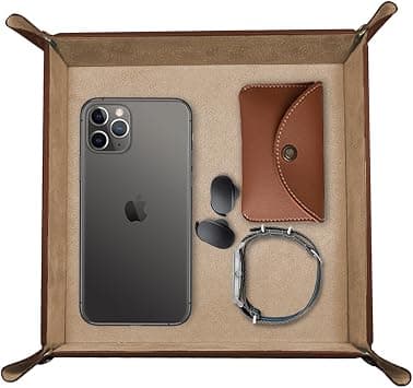 LEART Leather Valet Tray Organizer for Men and Women - Home and Office, Desk and Bedside Catchall holder for Wallets, Jewelry, Watches, Keys, Coins, Mobile, Cosmetics, TV Remote (Tan Brown) على Amazon.ae - متتبع الأسعار
