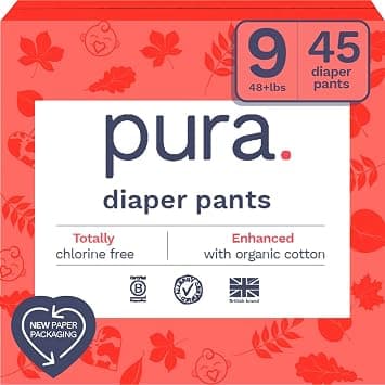 Pura Hypoallergenic Diaper Pants Size 9 (48+ lbs) Overnight, up to 12 Hours Leak Protection, Suitable for Sensitive Skin, Totally Chlorine Free, Soft Organic Cotton, 3 Packs of 15 (45 Pull Up Pants) on Amazon - Best Deal Finder