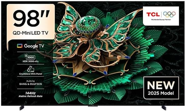 TCL Television 98 Inch Smart TV 4K QD-Mini LED Colorful Quantum Crystal HDR 2600nits Gaming Google TV, 144Hz Native Refresh Rate, Audio by Bang & Olufsen, Dolby Atmos, Game Master-98C7K(2025 Model) - متتبع أسعار Amazon.sa