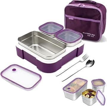 GGEROU Stainless Steel Lunch Box for Kid School,Insulated Bento Lunch Box with Tableware & Bag,720ML 3 Compartment Divided Lunch Containers with Lids,Leakproof | BFA Free | Dishwasher Safe (Purple) on Amazon.ae - Price Tracker