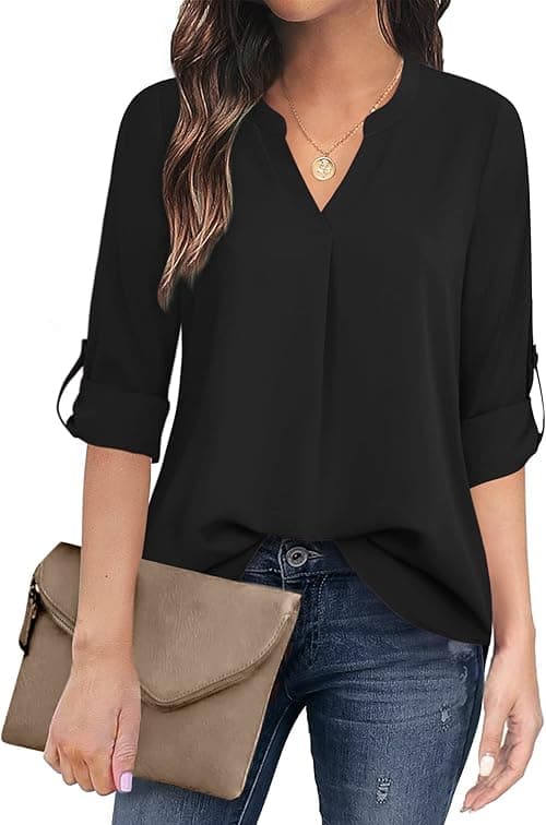 Timeson Women's 3/4 Sleeve Blouses Casual V Neck Dress Shirts Double Layers Mesh Tunics Tops, Black Blue, M on Amazon.ae - Price Tracker