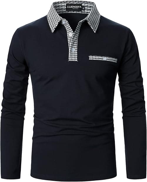 Mens Polo Shirts Long Sleeve Casual Slim fit Houndstooth Collar Golf Polo T Shirts Cotton Tops for Men on Amazon.ae - Price Tracker