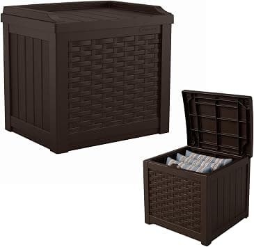 Suncast 22-Gallon Small Deck Box-Lightweight Resin Indoor/Outdoor Storage Container and Seat Cushions and Gardening Tools Store Items on Patio, Garage, Yard, Java - متتبع أسعار Amazon.sa