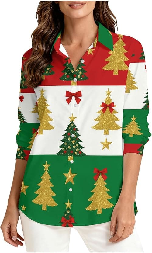 Christmas Tops for Women UK Novelty Xmas Jumpers Long Sleeve Tunic Top Button Up Shirt V Neck Blouse Xmas Tree Snowflake Reindeer Jumper Striped Shirt Ugly Funny Christmas Jumpers on Amazon.ae - Price Tracker