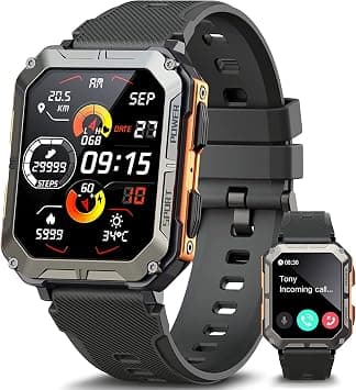 ZONEY Military Rugged Smartwatch for Men, Sport Watch with Answer/Make Call IP68 1.83 inch Fitness Tracker Pedometer SpO2 for Outdoor Enthusiasts (Orange) on Amazon.sa - Price Tracker