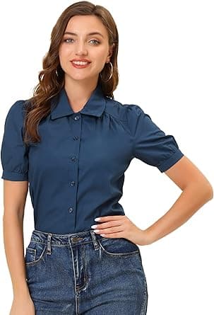 Elegant Cotton Top Blouse for Women's Puff Short Sleeve Button Front Shirt on Amazon.ae - Price Tracker