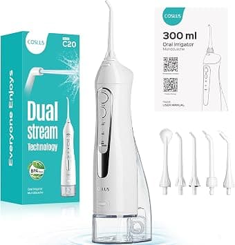 COSLUS Professional C20 Water Flosser For Teeth Braces Gums Care, Cordless Oral Irrigador, Deep Cleaning, Rechargeable, Waterproof, BPA-Free, Portable, Home and Travel, White on Amazon - Best Deal Finder