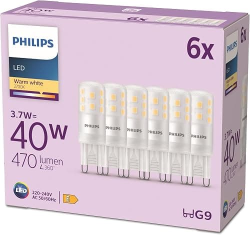 فيليبس شعلة قياسية LED بديلة لمقبس هالوجين G9 بقدرة 40 واط، ضوء ابيض دافئ 2700 كلفن، عبوة من 6 قطع على Amazon.sa - متتبع الأسعار