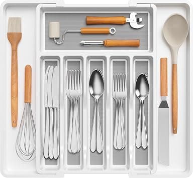 Lifewit Cutlery Drawer Organiser, 33-56.8x42.4cm Expandable Cutlery Tray with TPR Non-Slip Inserts for Storage Utensil Spoon Fork Knives, White&Grey على Amazon.ae - متتبع الأسعار