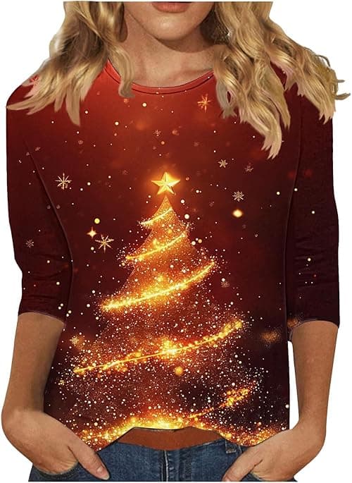 Christmas Tops for Women UK Plus Size Xmas Tops 3/4 Sleeve T Shirts Christmas Tree Snowflake Print Tshirt Round Neck Blouses Casual Loose Top Pullover Lounge Wear for Holiday Party on Amazon.ae - Price Tracker