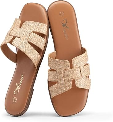 Athlefit Women's Flat Sandals Dressy Summer Square Open Toe Slip On Leather Slide Sandals on Amazon.ae - Price Tracker