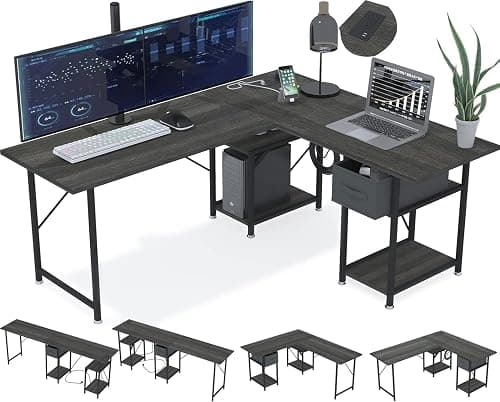 L Shaped Desk with Drawers, Gaming Desk, Corner Computer Desk with Storage and Power Outlet,Reversible U Shaped Work Pc Desk for Home Office with Monitor Stand 2 Person Long Desk 56 Inch Gray on Amazon - Best Deal Finder